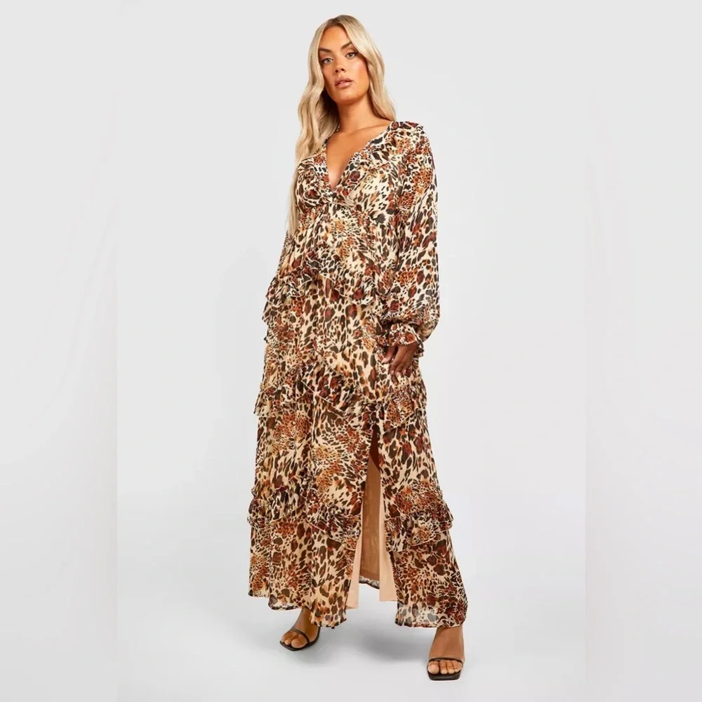 New  ANIMAL FRILL PLUNGE RUFFLE MAXI‎ DRESS - Picture 3 of 6